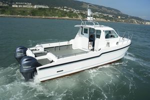barco de pesca-crucero catamarán / bimotor / fueraborda / con cockpit cerrado