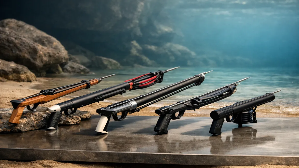 Buceador profesional utilizando un fusil de pesca submarina de fibra de carbono desde una embarcación auxiliar de un yate de lujo en aguas marítimas cristalinas.