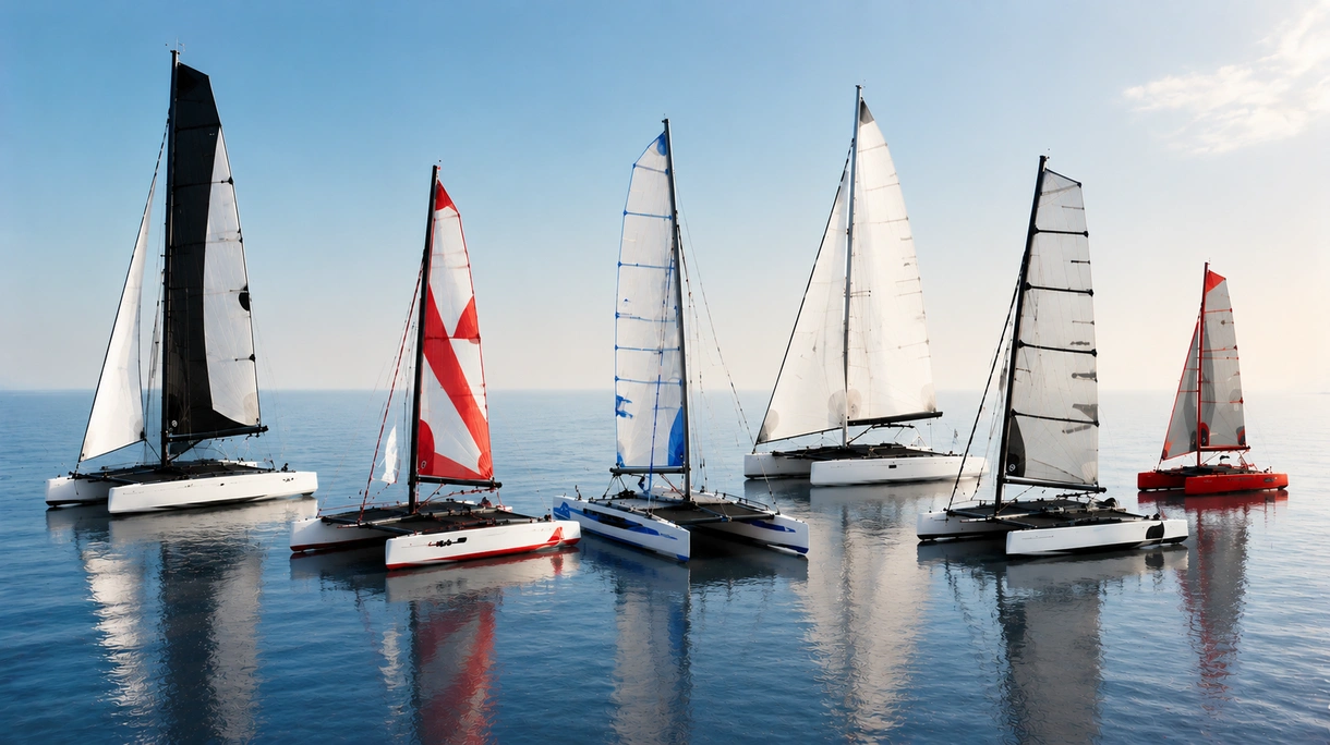 Catamarán deportivo profesional realizando una transición de foil a alta velocidad durante una regata de altura con tripulación técnica de competición a bordo.