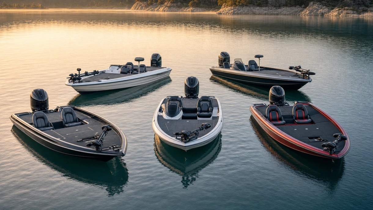 bass boat profesional navegando en un puerto costero a alta velocidad durante una evaluación de rendimiento técnico para propietarios de flotas.