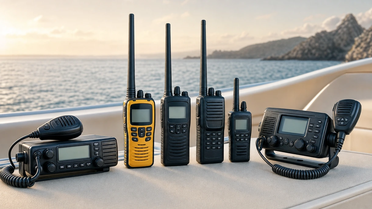Radio VHF marina profesional instalada en el puente de un buque comercial que muestra la monitorización activa de canales de navegación y socorro DSC.
