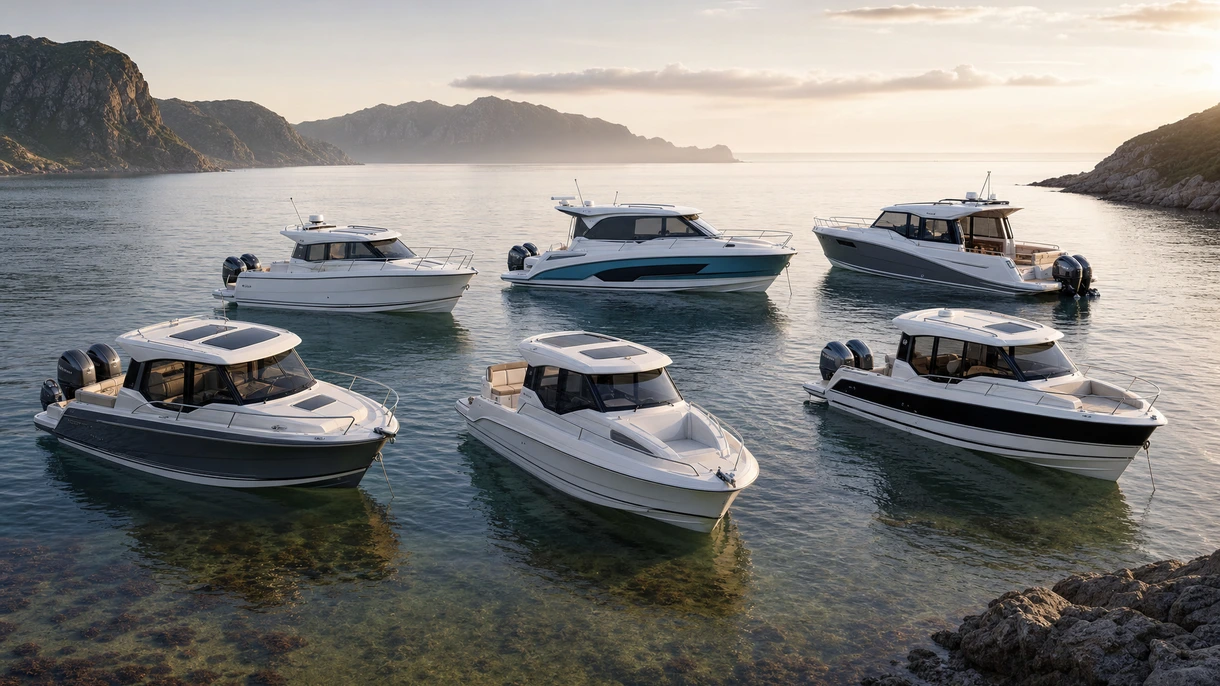 cabin-cruiser fueraborda comercial navegando en aguas costeras durante pruebas de mar de alta velocidad para la evaluación de adquisición de flotas profesionales.