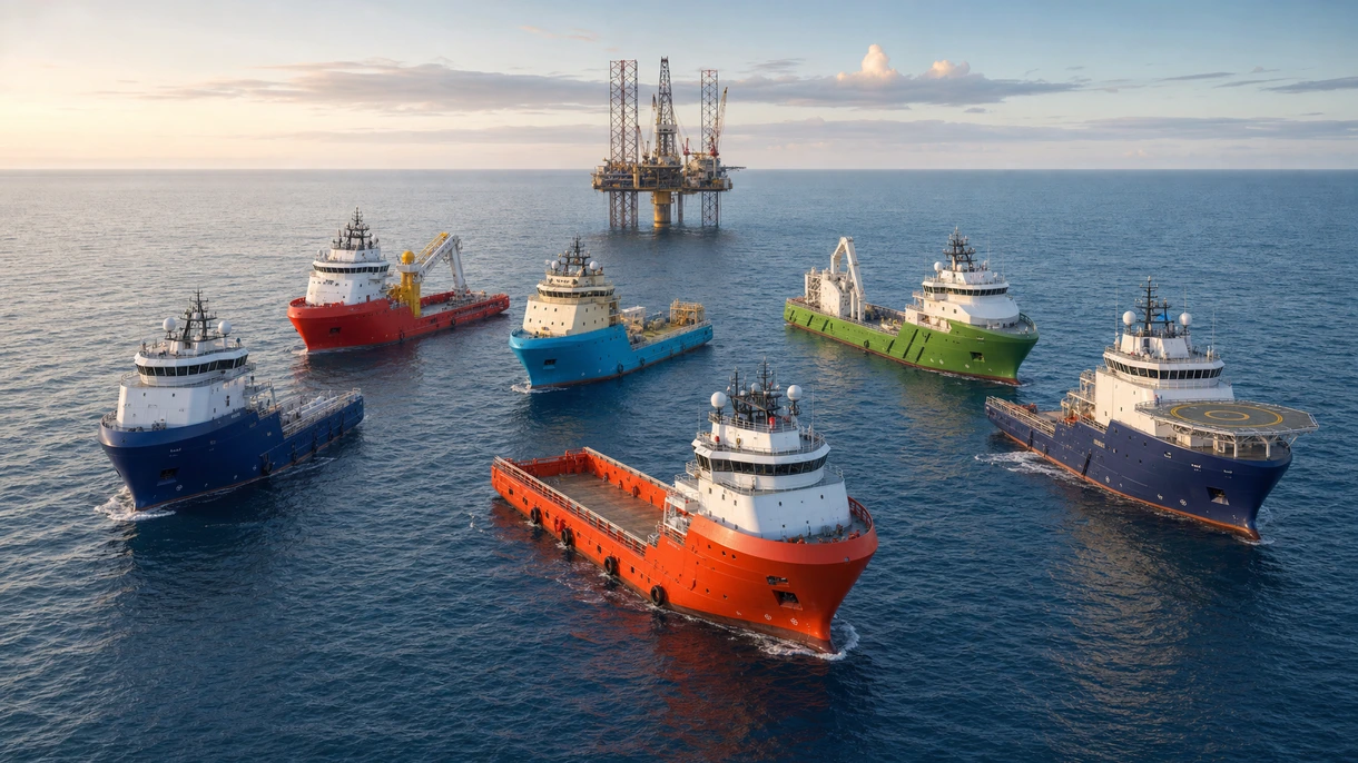 Buque de servicio offshore manteniendo la posición cerca de una plataforma de aguas profundas durante una transferencia de carga pesada en el Mar del Norte.