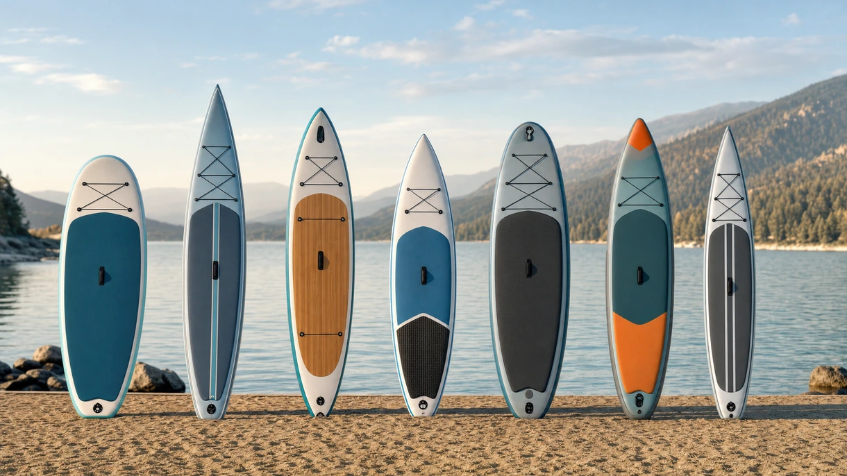 Tripulación profesional desplegando tablas de stand-up paddle hinchables de alta resistencia desde la plataforma de baño de un superyate para uso de los huéspedes.