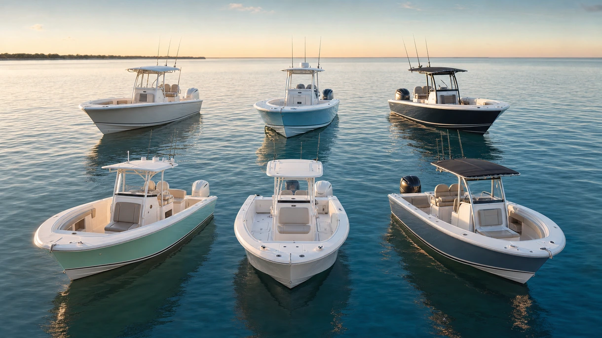 Barco open de pesca profesional navegando en aguas abiertas a alta velocidad durante una prueba de mar para chárter comercial.