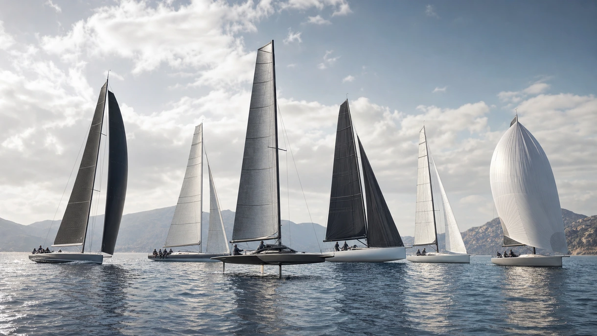 Tripulación profesional de un velero de regata ejecutando una maniobra de alta velocidad sobre un casco de fibra de carbono durante una regata internacional de altura.