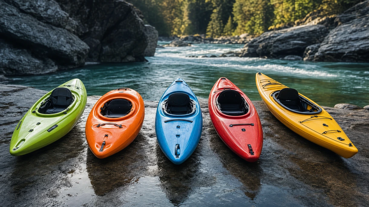 Guías de río profesionales navegando rápidos técnicos de gran volumen utilizando kayaks de aguas bravas rotomoldeados para una operación de flota marítima.