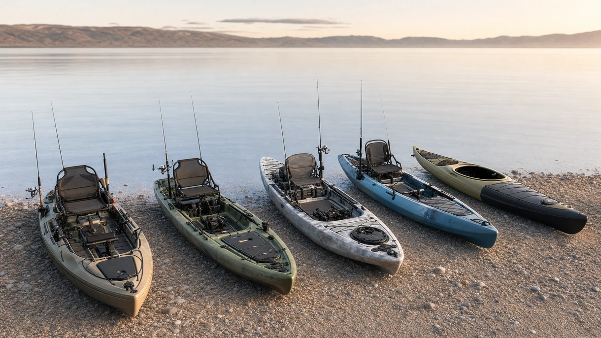 Kayak de pesca profesional equipado con sistema de propulsión a pedal y sistema de sonda desplegado en un entorno marino costero para uso en chárter.