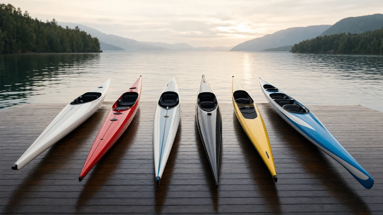 Atletas profesionales compitiendo en kayaks de regata de fibra de carbono durante un evento de sprint marítimo a alta velocidad en un campo de regatas de aguas tranquilas.