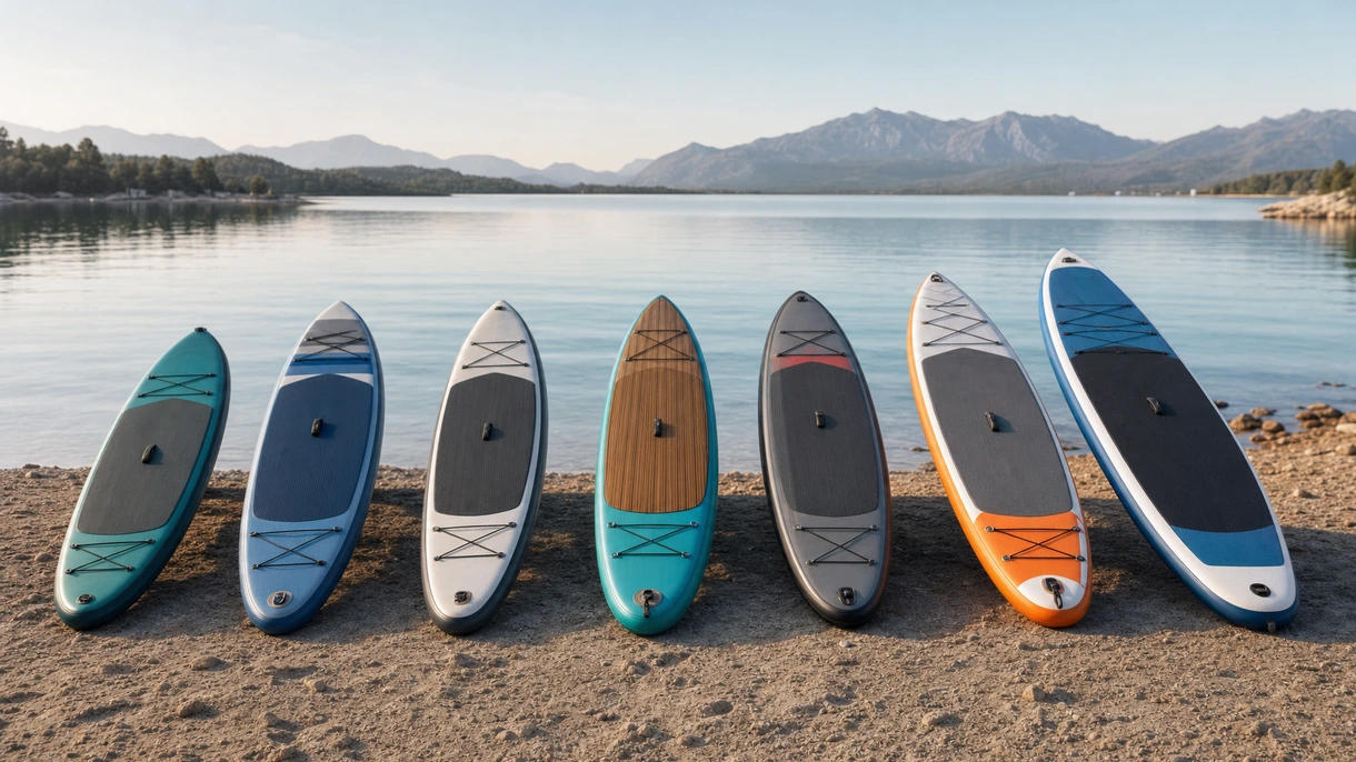 Huéspedes de una flota de chárter comercial utilizan tablas de stand-up paddle allround cerca de un yate a motor de lujo en aguas costeras del Mediterráneo.