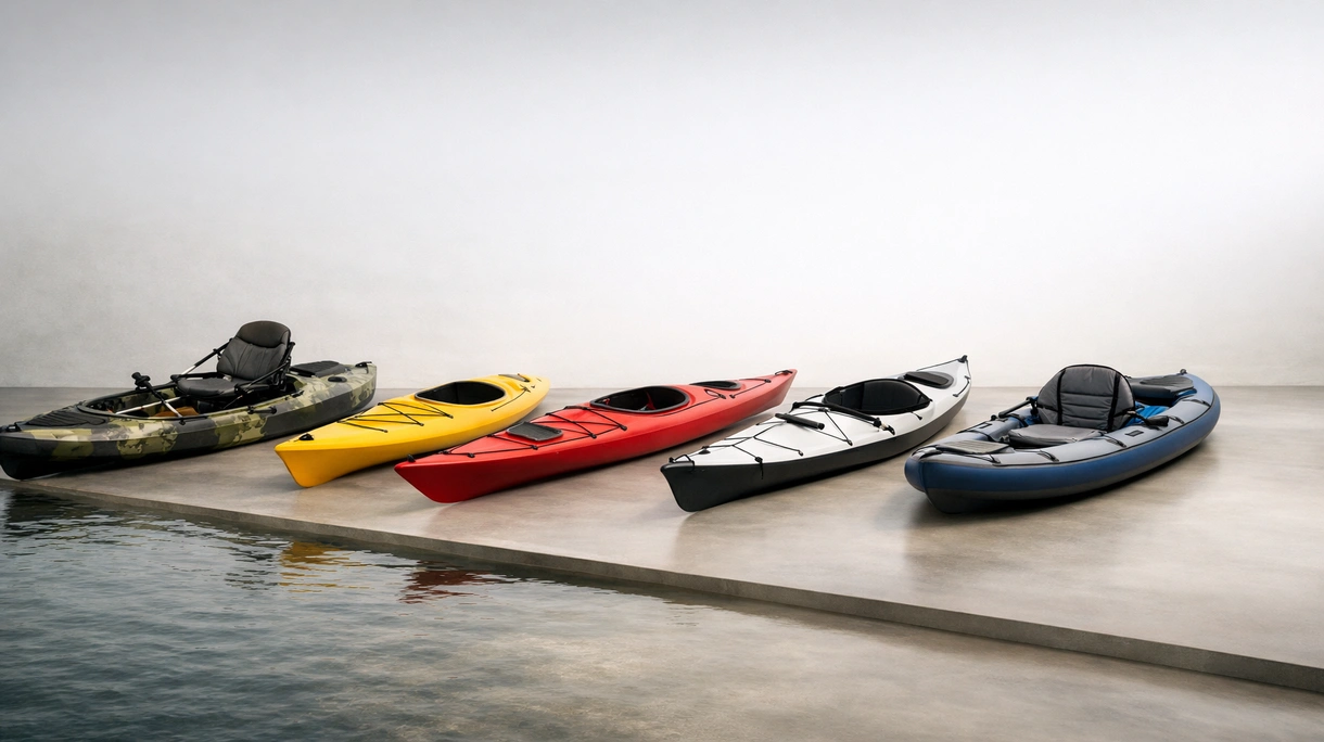 Kayak de 1 plaza profesional desplegado desde la plataforma de baño de un yate de lujo durante una excursión costera en aguas del Mediterráneo.