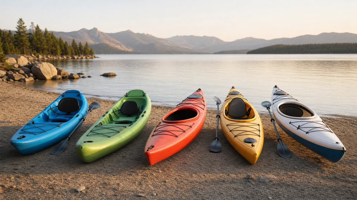 Kayaks de flota comercial dispuestos en un puerto deportivo profesional para formación en seguridad marítima y operaciones de alquiler náutico de gran volumen.