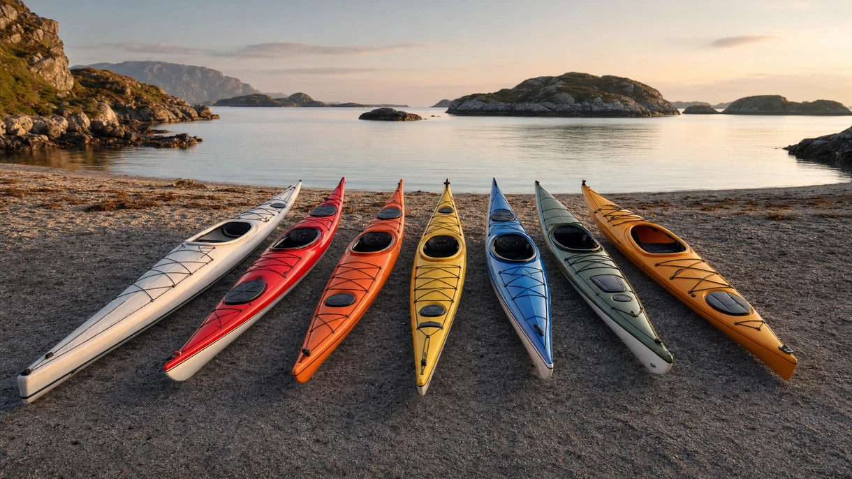 Flota profesional de kayaks de mar desplegada desde un buque de apoyo marítimo para una expedición comercial guiada en aguas costeras.