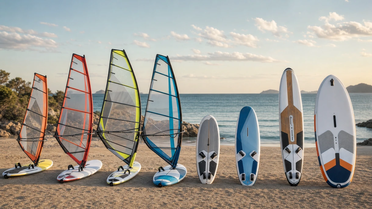 Una tabla de windsurf profesional situada en un muelle de un puerto deportivo junto a una flota de embarcaciones de apoyo y equipamiento.