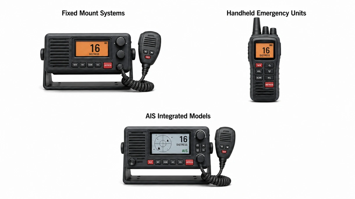Primer plano técnico del terminal de una radio VHF robusta que muestra los botones táctiles sellados y la pantalla de cristal líquido de alto contraste.