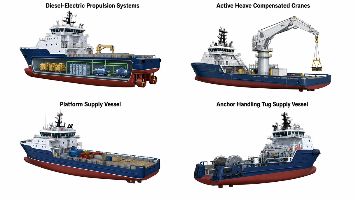 Primer plano técnico de un propulsor de posicionamiento dinámico y un cabrestante con compensación activa de oleaje en un buque de servicio offshore.