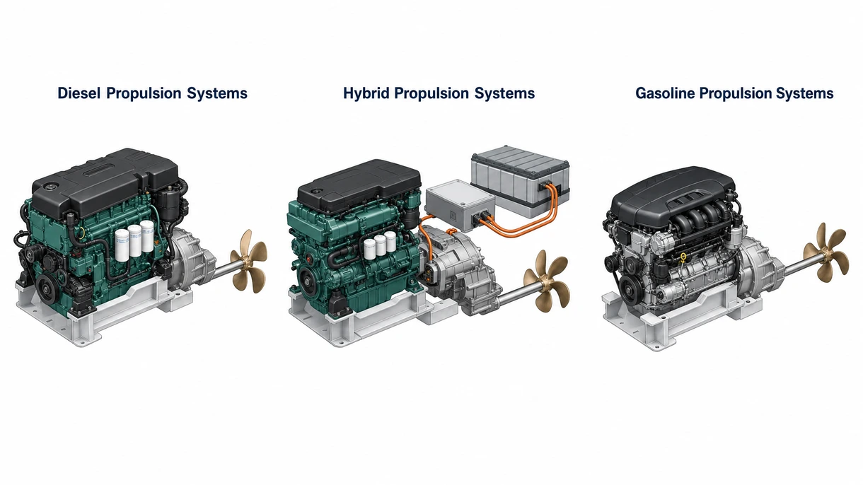 Primer plano técnico de un sistema de inyección de combustible common rail de alta presión en un moderno motor intraborda diésel turboalimentado marino.