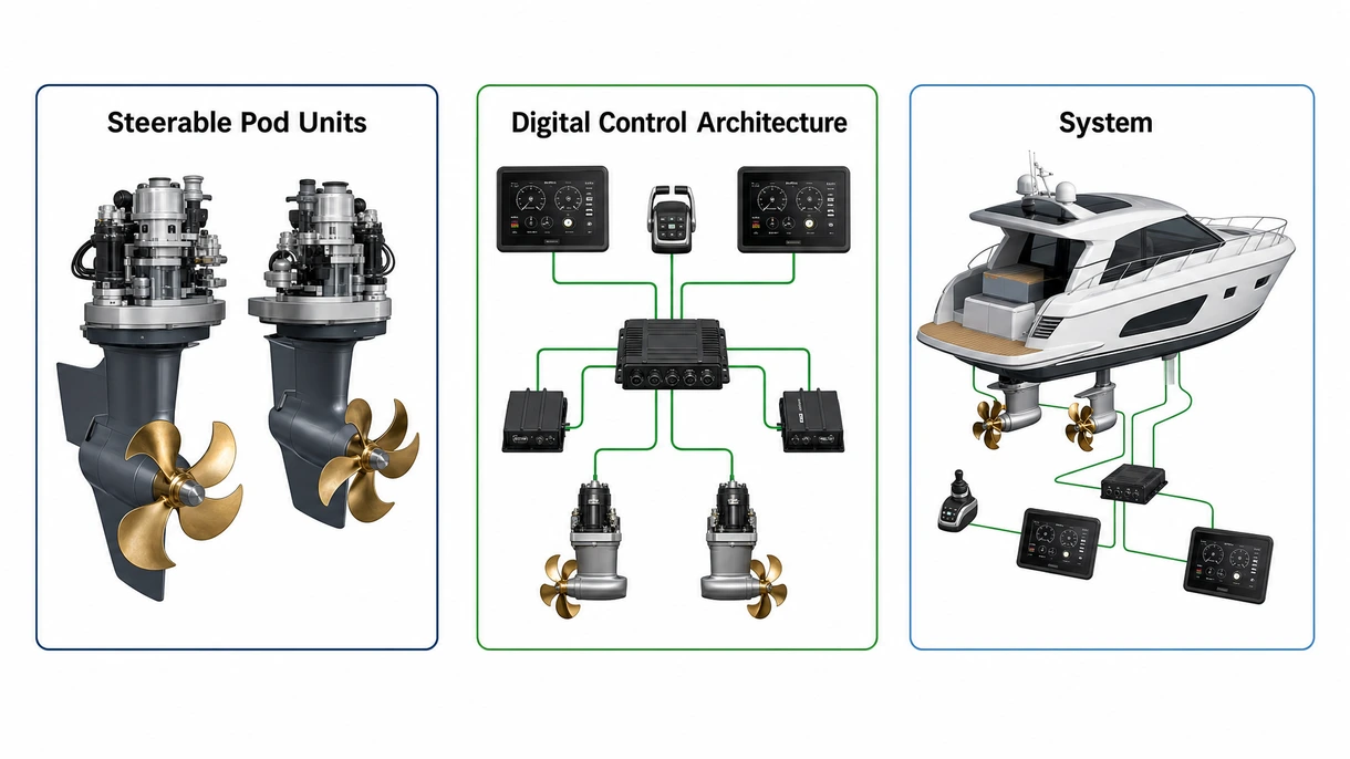 Primer plano técnico de una unidad de propulsión orientable IPS montada en el casco de un yate, que muestra las hélices contrarrotatorias orientadas hacia proa.