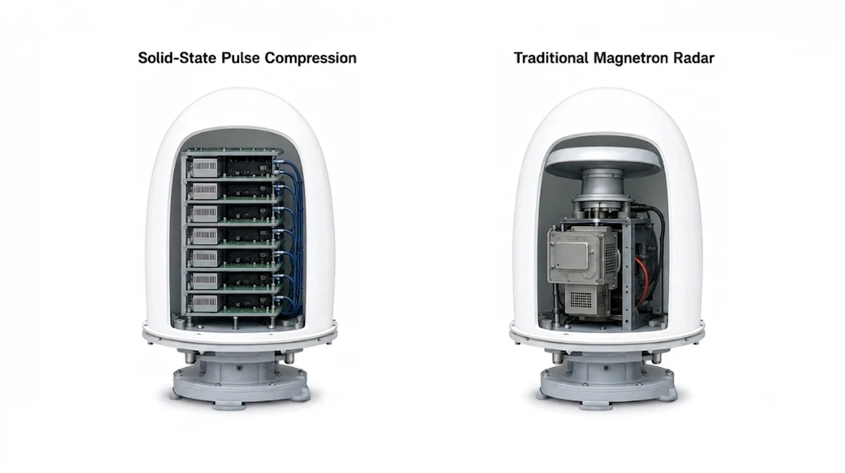 Primer plano técnico de una antena radomo marina compacta que muestra la carcasa robusta resistente a la intemperie y los detalles del puerto de conectividad NMEA.