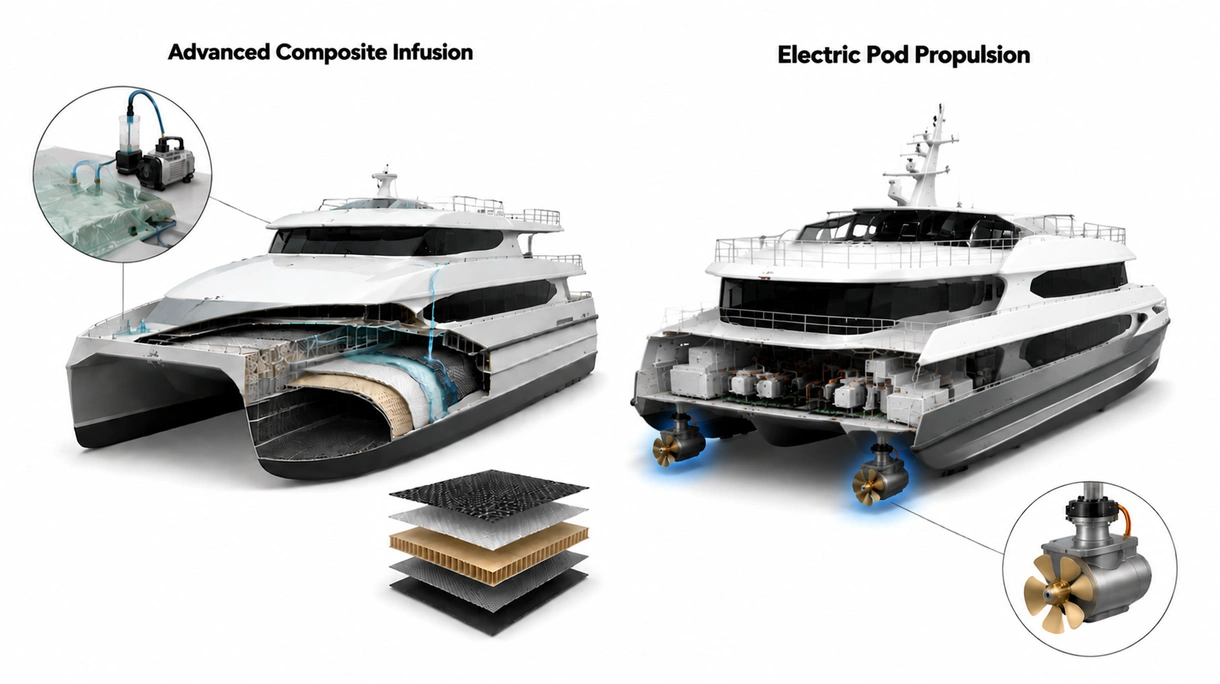 Primer plano técnico del sistema de foils de un buque catamarán, que muestra la ingeniería naval de precisión y componentes de acero inoxidable de alta calidad.