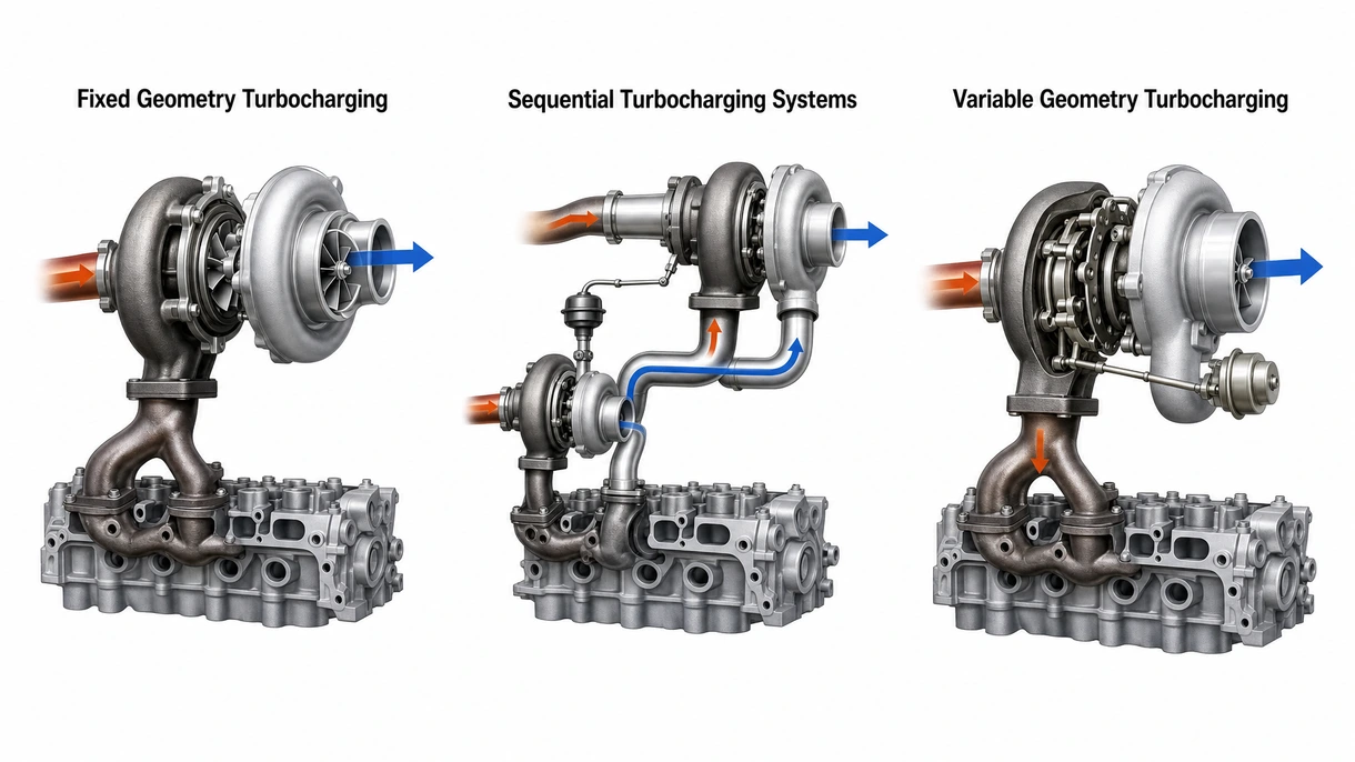 Primer plano técnico de un motor turbo que muestra la carcasa de la turbina resistente al agua salada y el conjunto reforzado de la válvula de descarga (wastegate).