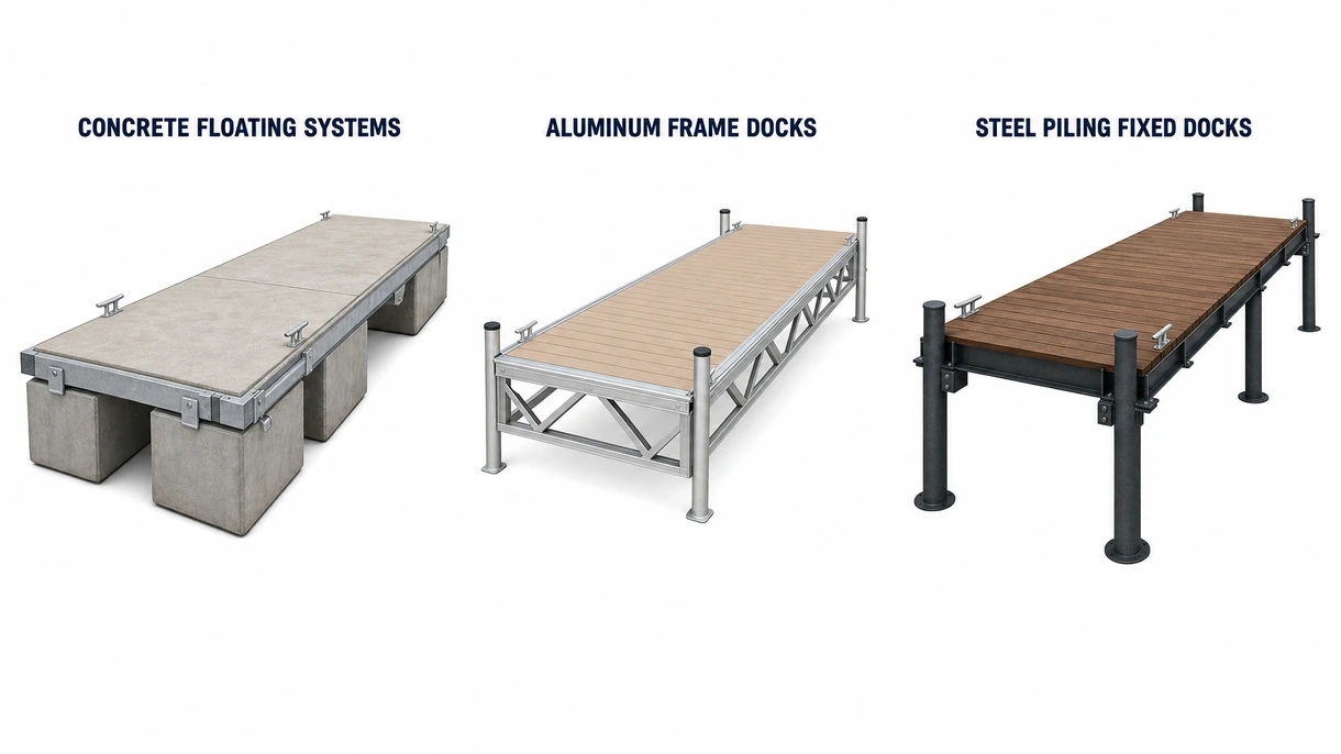 Primer plano técnico del bastidor de un pantalán de aluminio de grado marino con guías de servicios integradas y fijación de noray de amarre en acero inoxidable reforzado.