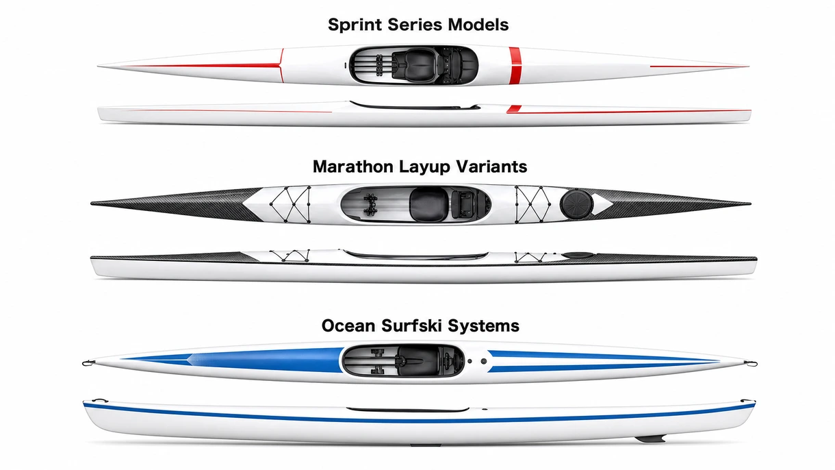 Primer plano detallado del laminado de fibra de carbono de un kayak de regata y del sistema de reposapiés ergonómico ajustable para una transferencia de potencia profesional.