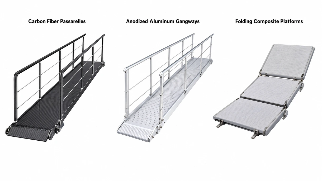 Primer plano de la bisagra y la superficie antideslizante de una pasarela manual de aluminio anodizado, que muestra los herrajes y el acabado de grado marítimo industrial.