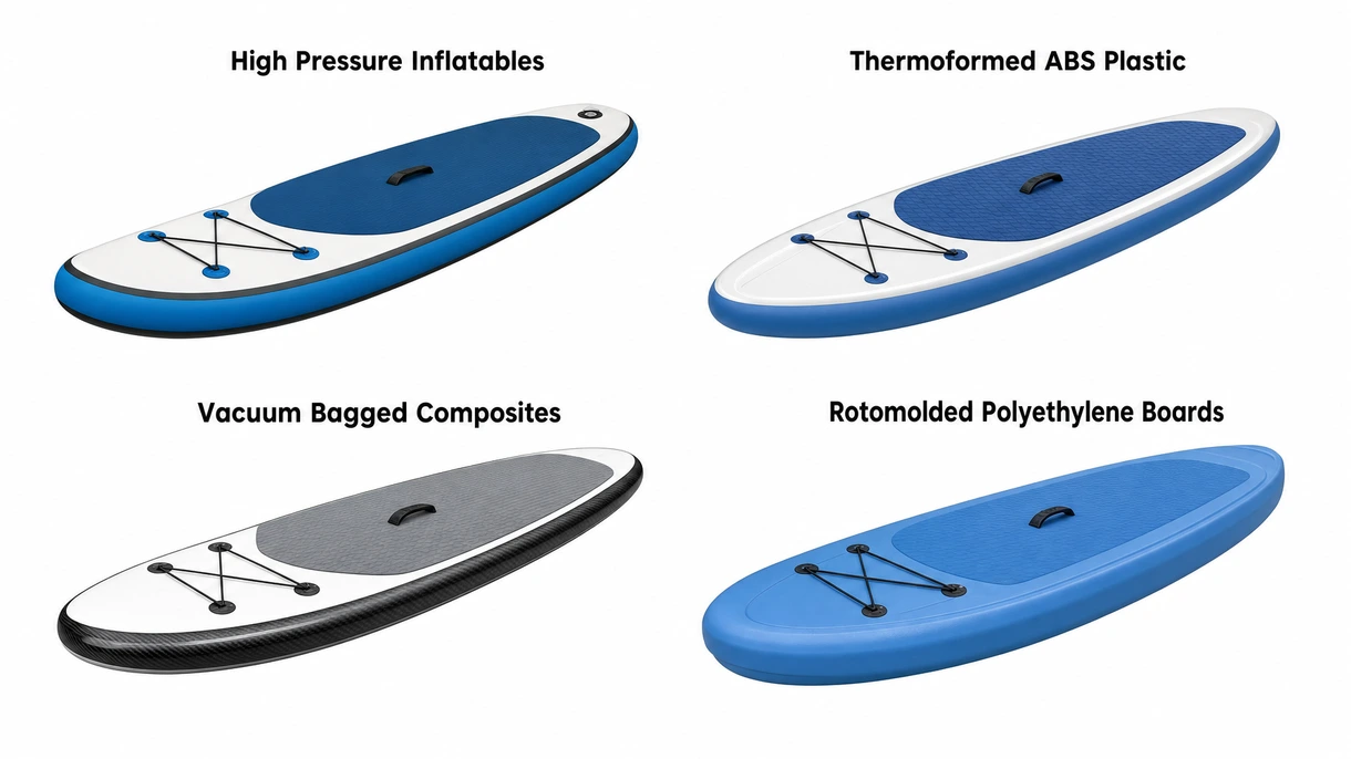 Primer plano técnico de las capas de PVC de alta presión con tecnología drop-stitch y cinta de refuerzo en los cantos de una tabla de stand-up paddle de grado profesional.