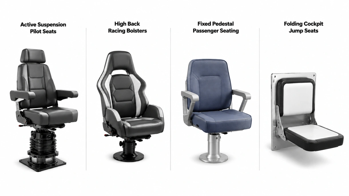 Primer plano de la base de un asiento con mitigación de impactos, que incorpora componentes de aluminio anodizado de grado marino y amortiguación hidráulica ajustable.