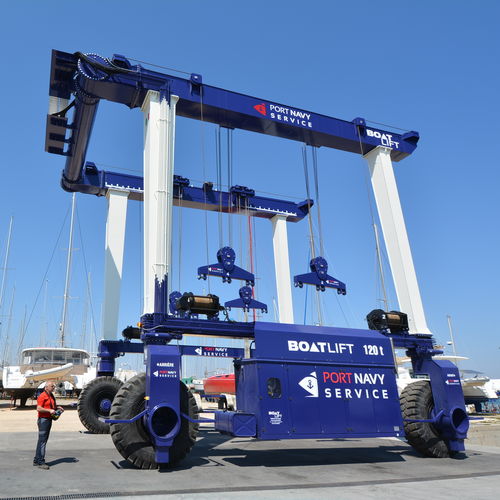 Travel lift controlado a distancia - BL120TLA-90°RC - BOAT LIFT - con dirección en todas las ruedas / para cargas pesadas / de ancho ajustable