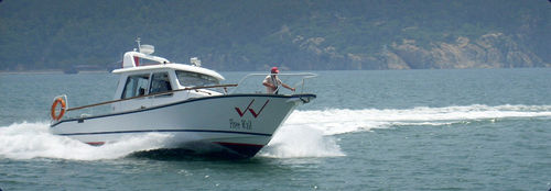 Barco cabinado fueraborda - aurora (dalian) yachts co ltd - bimotor / con cockpit cerrado / de pesca deportiva