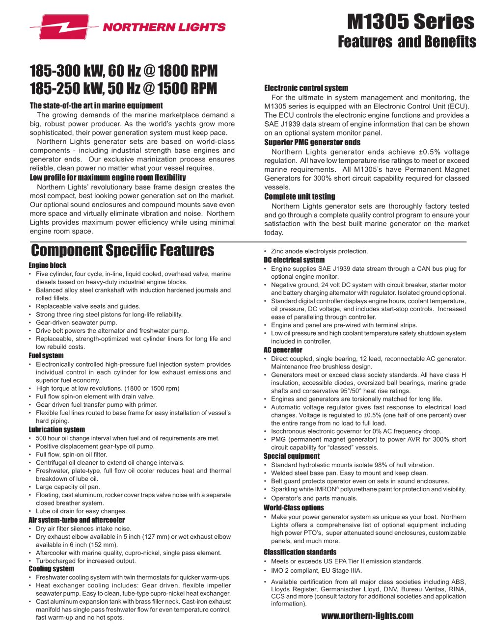 M1305 Specification Sheet - Northern Lights
