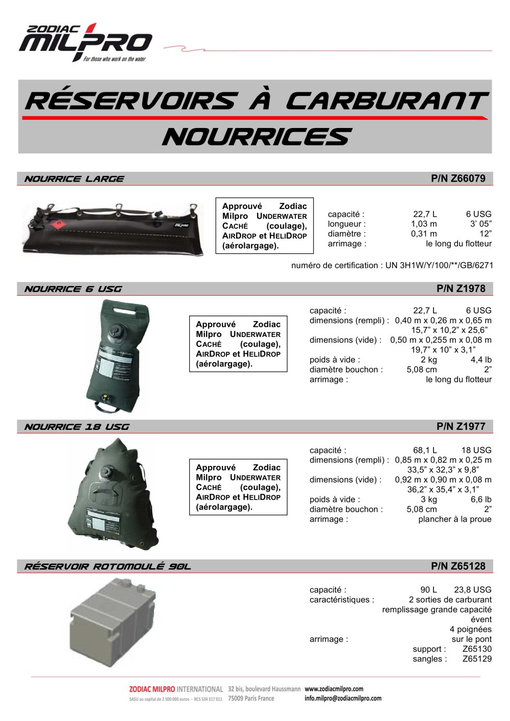 R&eacute;servoirs &agrave; carburant Nourrices - Zodiac Milpro International
