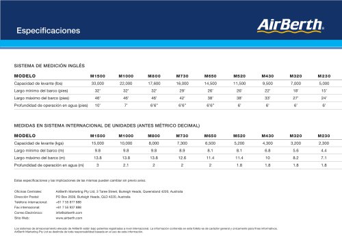 especificaciones de AirBerth