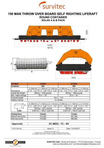 150 MAN THROW OVER BOARD SELF RIGHTING LIFERAFT ROUND CONTAINER