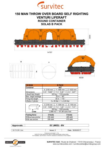 150 MAN THROW OVER BOARD SELF RIGHTING VENTURI LIFERAFT ROUND CONTAINER