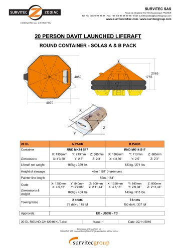 20 PERSON DAVIT LAUNCHED LIFERAFT ROUND CONTAINER - SOLAS A & B PACK