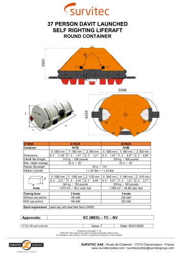 37 PERSON DAVIT LAUNCHED SELF RIGHTING LIFERAFT ROUND CONTAINER