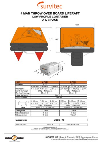 4 MAN THROW OVER BOARD LIFERAFT LOW PROFILE CONTAINER A & B PACK