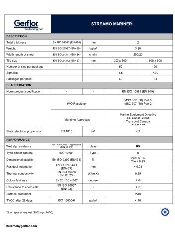 STREAMO MARINER TECHNICAL DATA SHEET