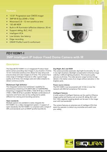 FD1103M1-I - 3MP intelligent fixed dome IP network camera with IR for indoor