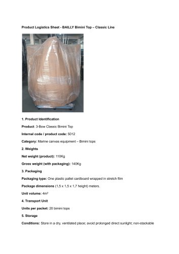 Bimini Top &ndash; Classic Line Logistics Sheet