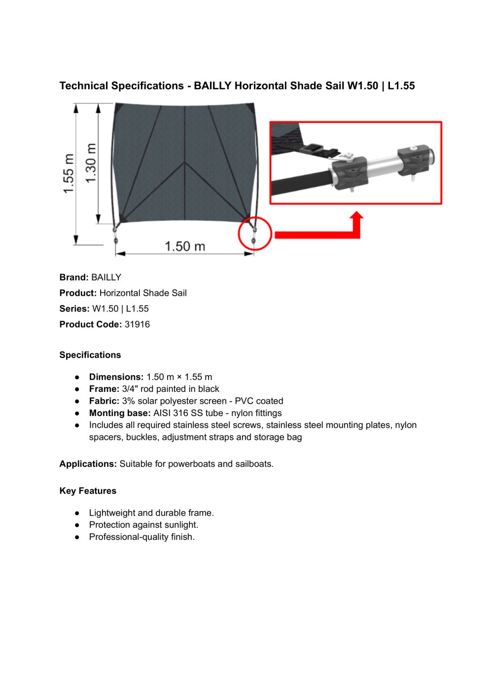 horizontal shade sail tecnical sheet - Bailly